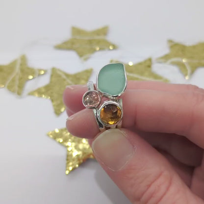 Cornish Sunset Silver Sea Glass, Tourmaline & Citrine Stacker Rings