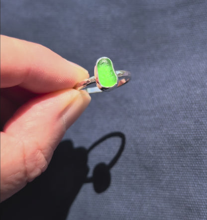 Little Green Jelly Bean Sea Glass Silver Ring