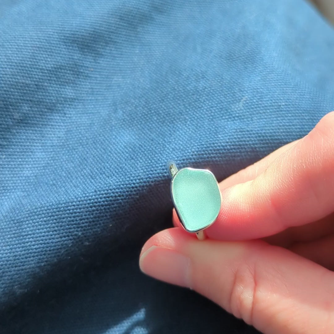 Light Blue Sea Glass Silver Ring.  Part of a Cornish Sunset 3 Ring Stack