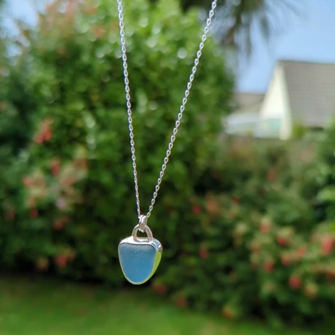 Cornish Blue Sea Glass Silver Pendant outside