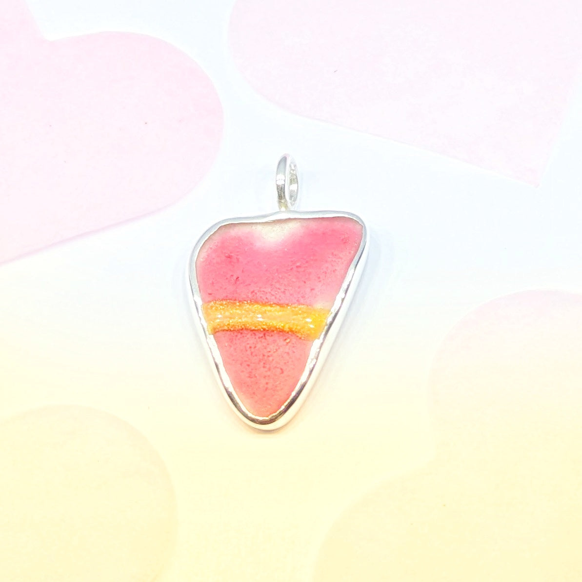 Red Sea Glass Silver Pendant with pink yellow confetti hearts